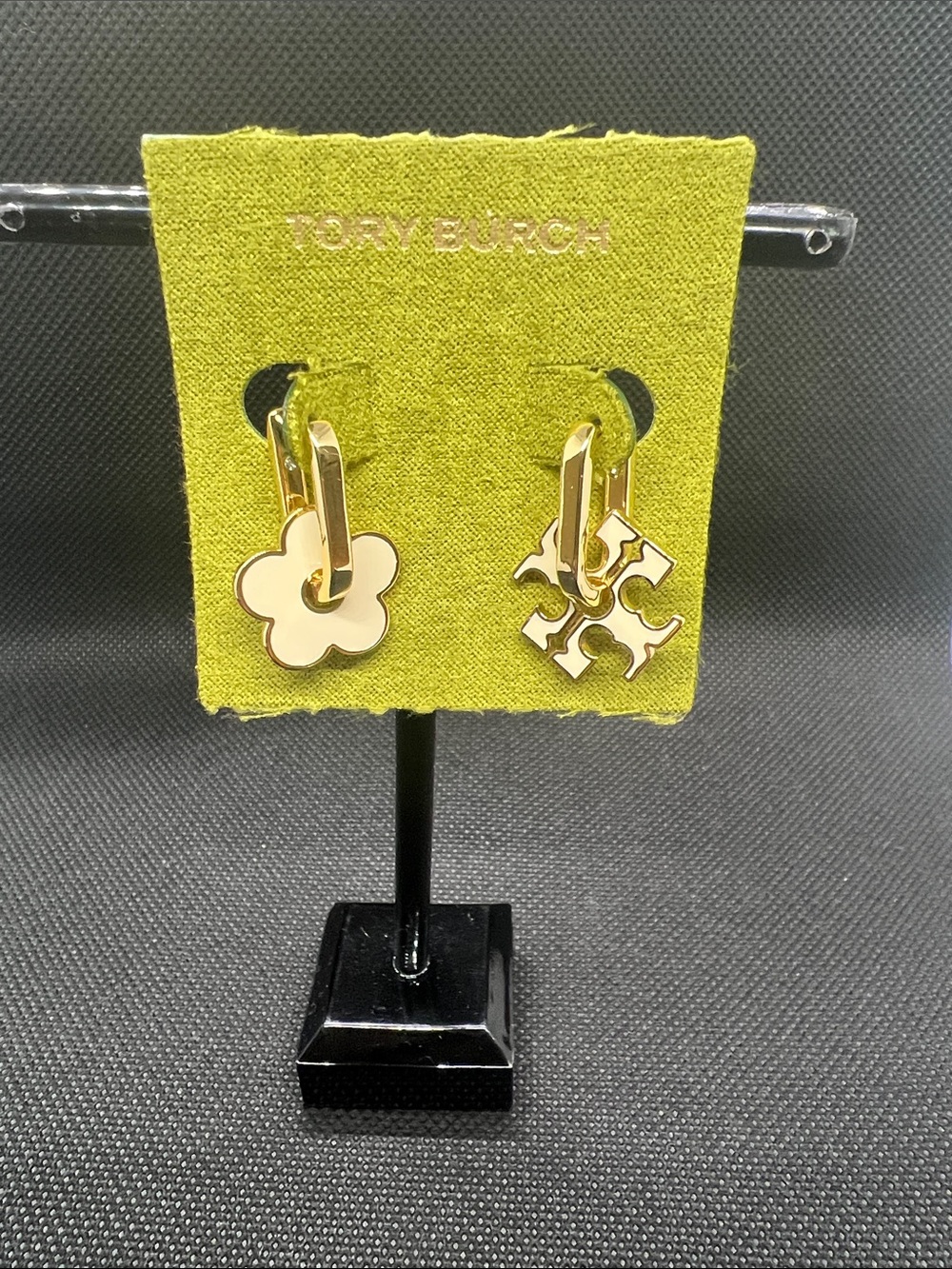Tory Burch Gold and Cream Logo Charm Huggie Earrings - Floral & Monogram